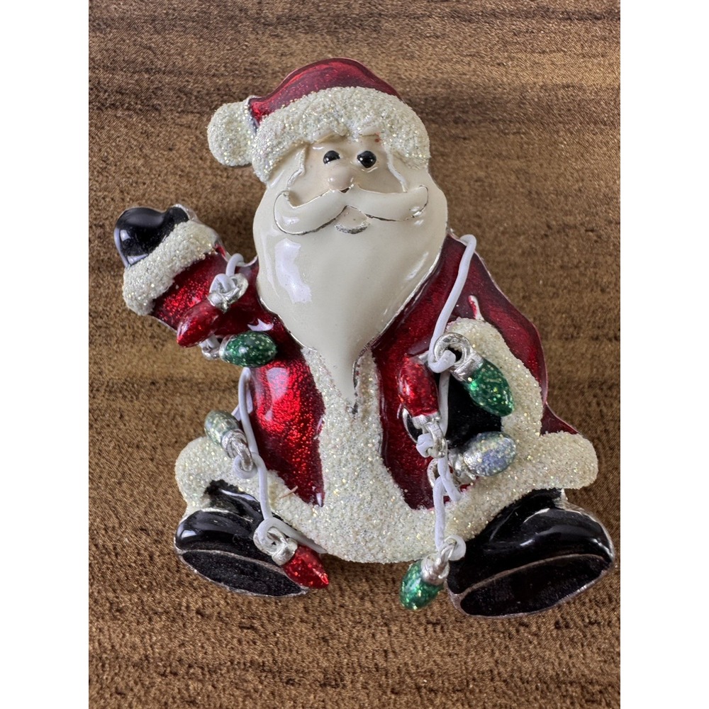 Vintage Santa Claus Brooch Pin Dangling Christmas Lights Enamel Glitter Holiday